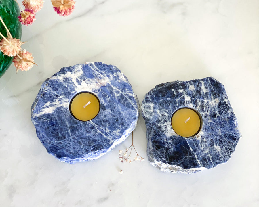 Sodalite Tea-Candle Holder ♢ 'Bonus Box of Beeswax Candles'