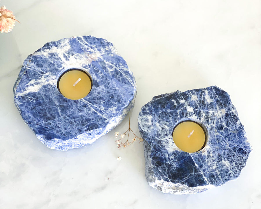 Sodalite Tea-Candle Holder ♢ 'Bonus Box of Beeswax Candles'